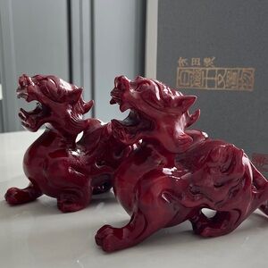 Red Jade Pi Yao Set of 2. Natural Red Jade Qi Lin Protection and Good Luck.